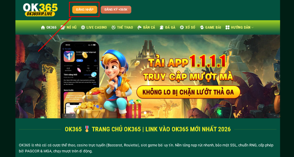 Click chọn Đăng Nhập trên trang chủ OK365