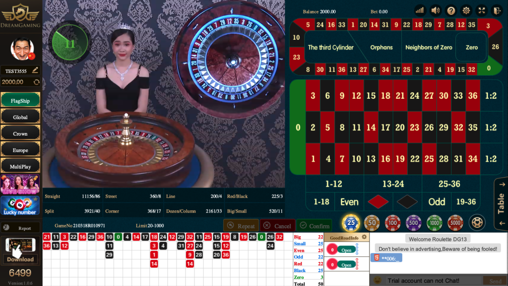 Giao diện chơi roulette Dream Gaming tại sảnh live casino